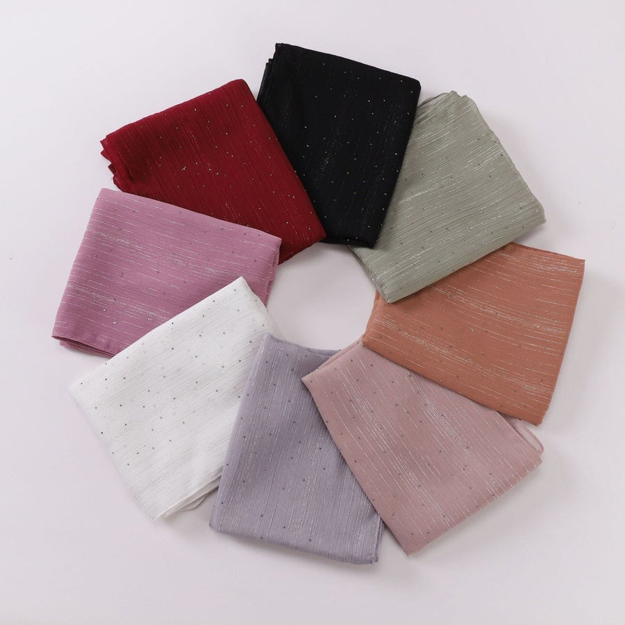 Hijab Drapé Crinkle Argenté "Modest Elegance" avec Strass (MH155)