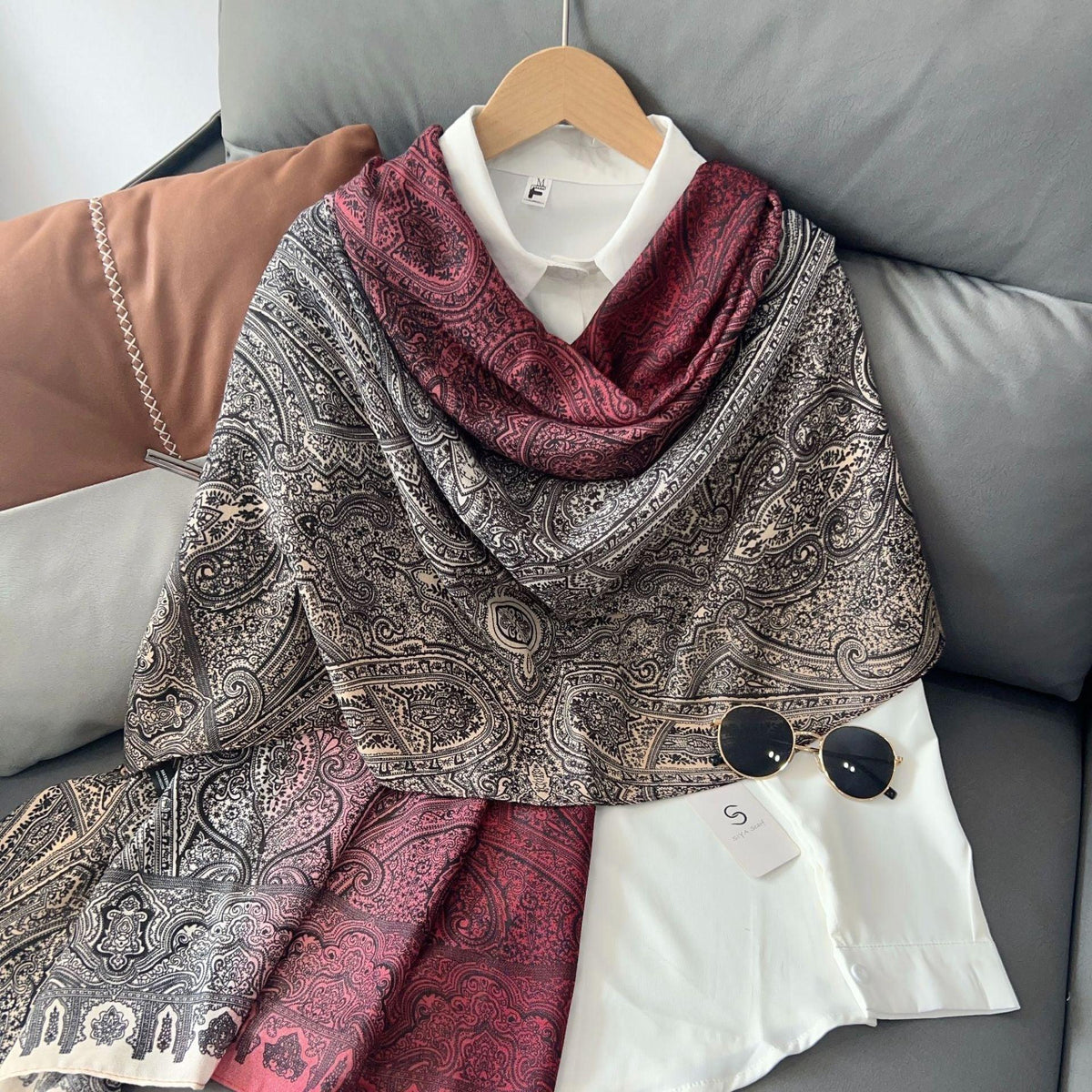 MH058 Hijab fin en coton et lin imprimé motif noix de cajou