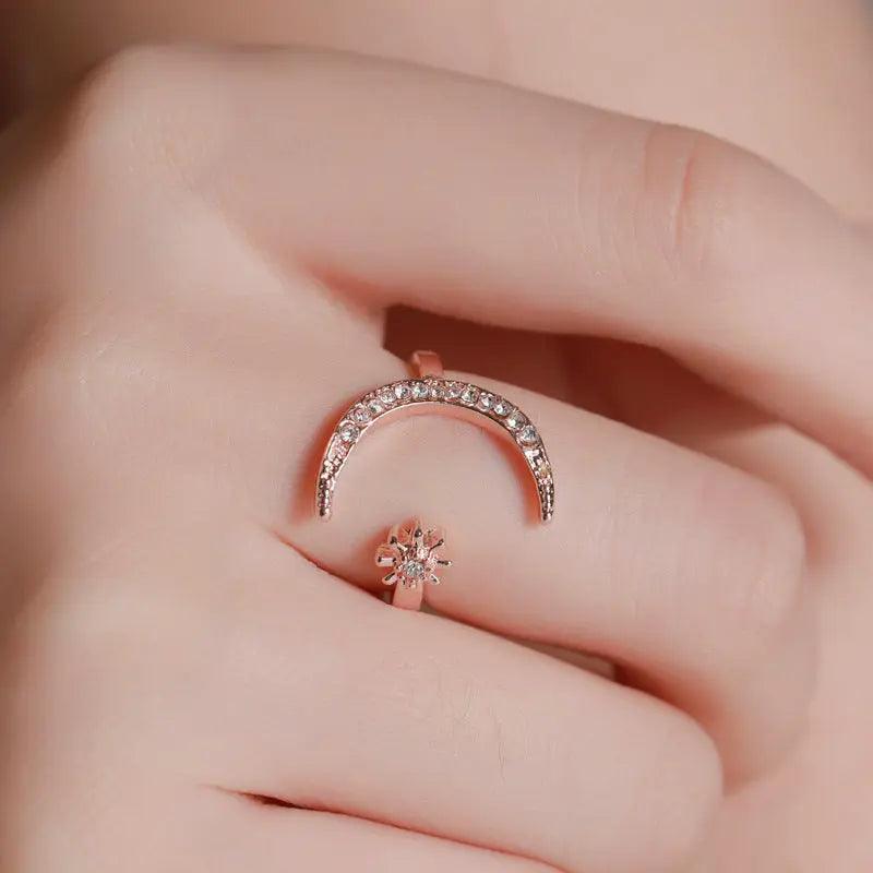 Bague ouverte MAC035 Lune et Étoile en Zircone Cubique