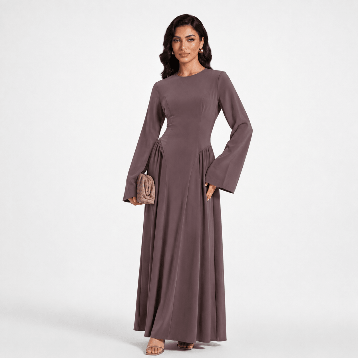 Robe Nida Évasée Maxi avec Jupe Patineuse Plissée & Manches Cloche Larges (MS435)