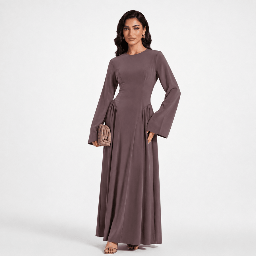 Robe Nida Évasée Maxi avec Jupe Patineuse Plissée & Manches Cloche Larges (MS435)