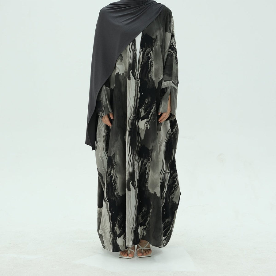 Cardigan Abaya imprimé élégant, motifs floraux géométriques artistiques, mode islamique modeste (MOA154)