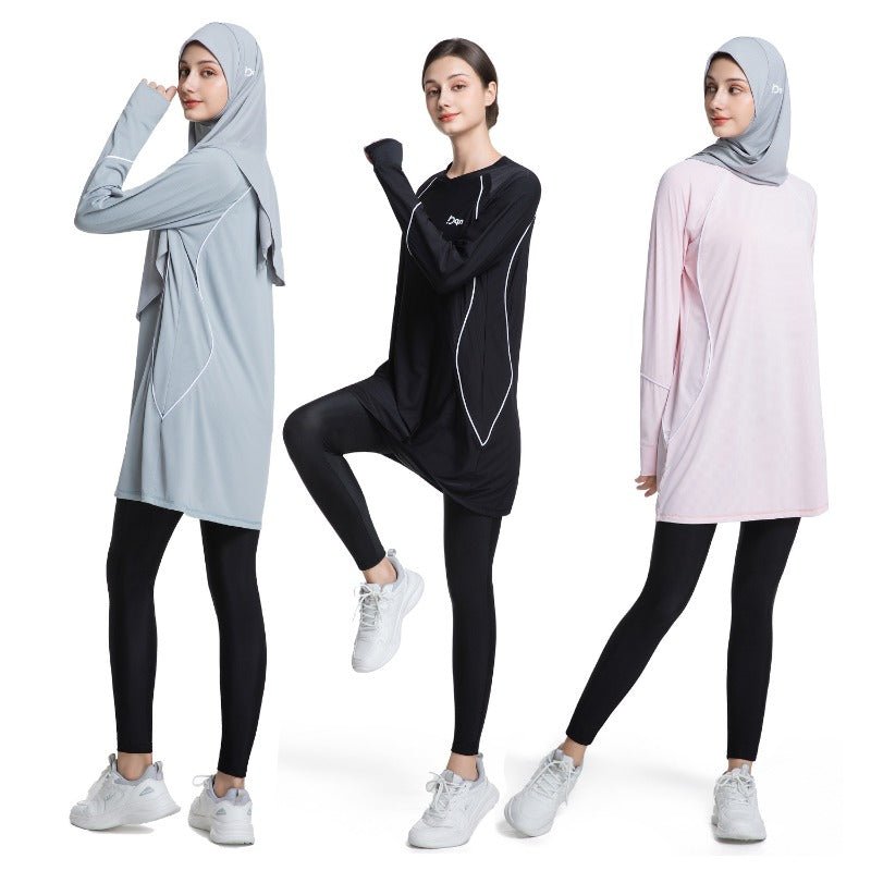 Haut de sport modeste à manches longues pour femme, séchage rapide | Tunique athlétique en polyester pour yoga, lignes épurées (MS114)