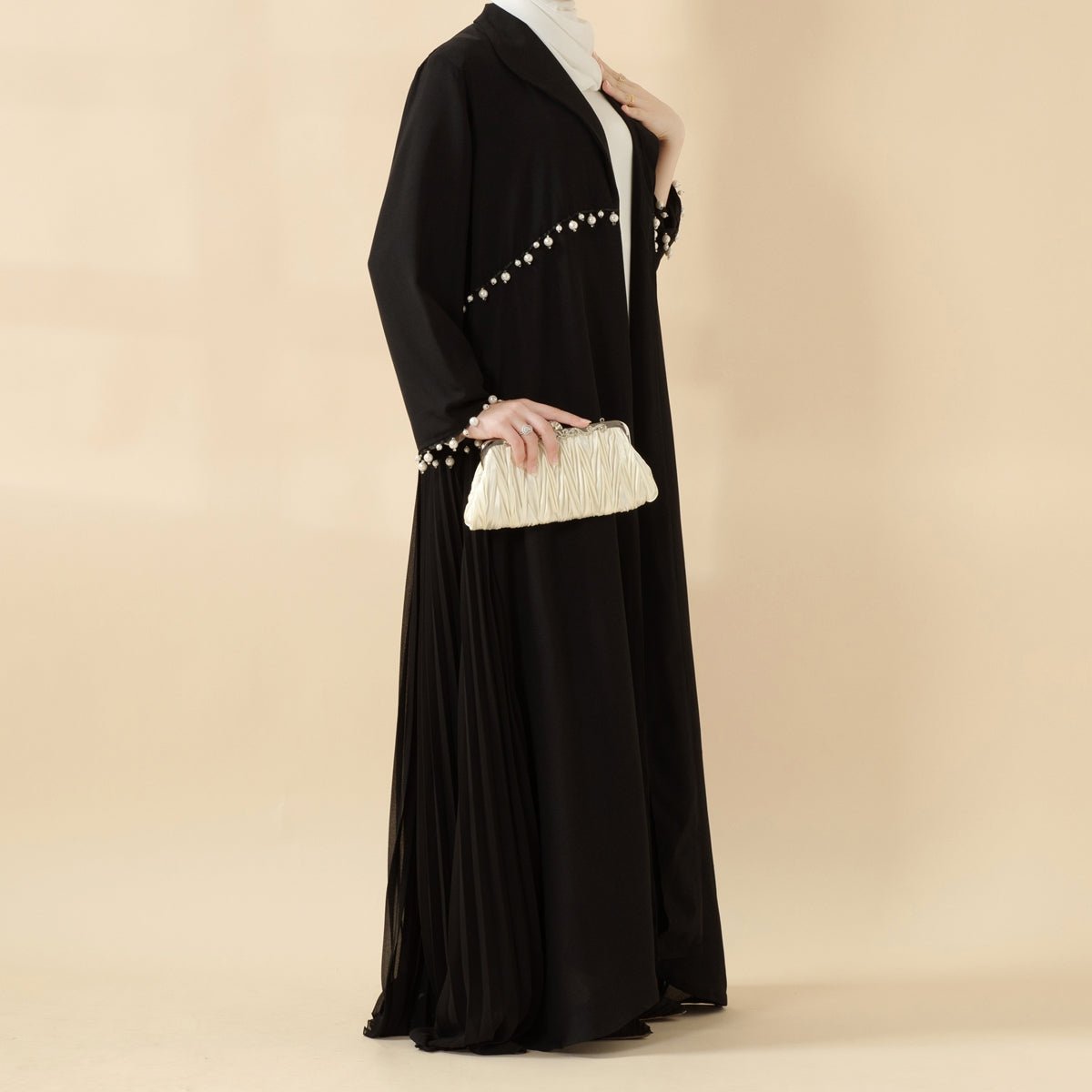 Abaya Ouverte Dos Plissé Accordéon Perlée (MOA127)