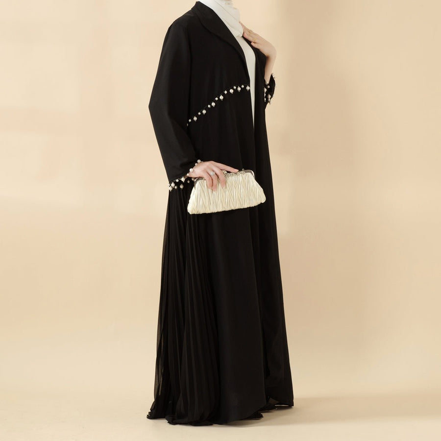 Abaya Ouverte Dos Plissé Accordéon Perlée (MOA127)