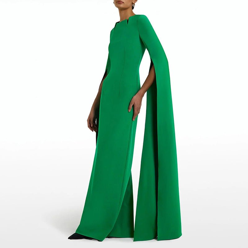 Robe de Soirée à Manches Cape | Robe Longue Ajustée à Encolure Festonnée avec Fente Dos (MS217)