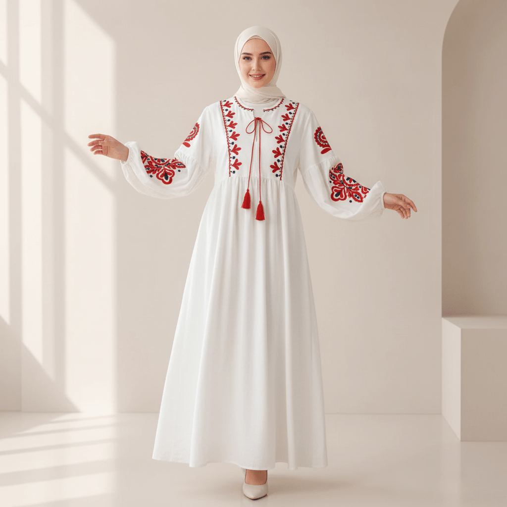 Robe Longue en Lin Brodée Style Bohème (MS460)