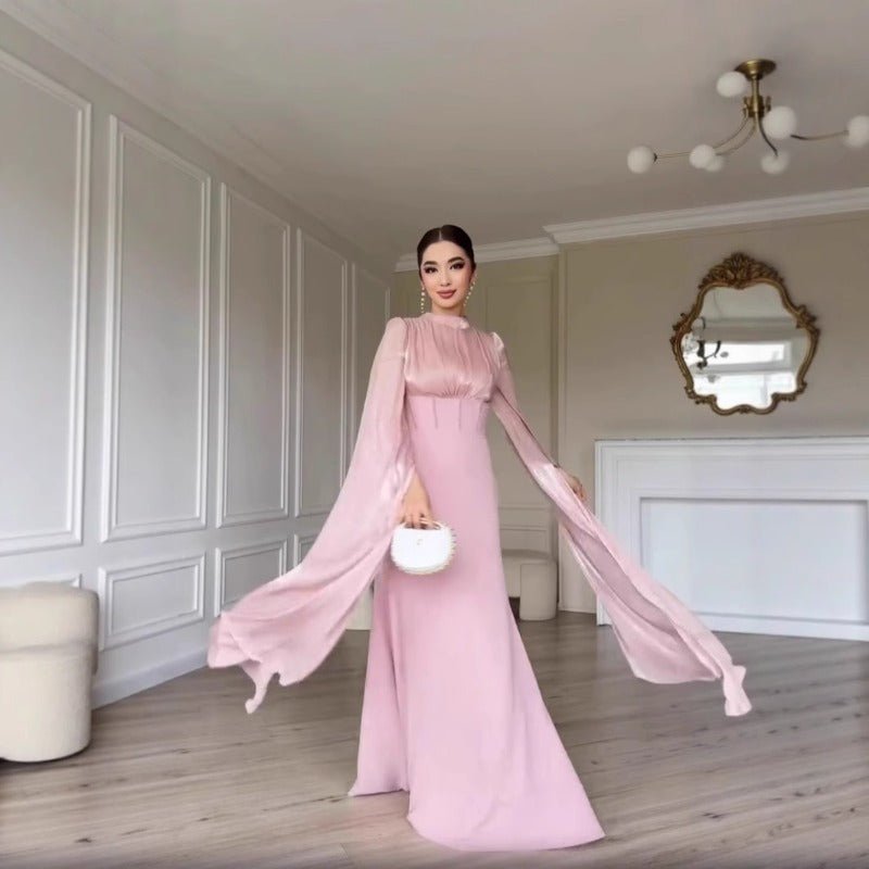 Robe Abaya élégante en satin de soie à manches amples | Robe longue modeste taille haute avec détail de bretelle dos (MA295)