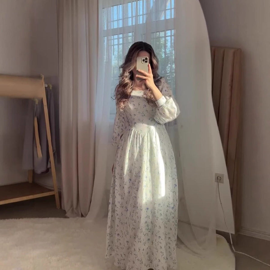 Robe Maxi Fleurie à Col Carré Style Cottagecore, Bustier Lacé, Manches Bouffantes et Jupe Plissée (MA234)
