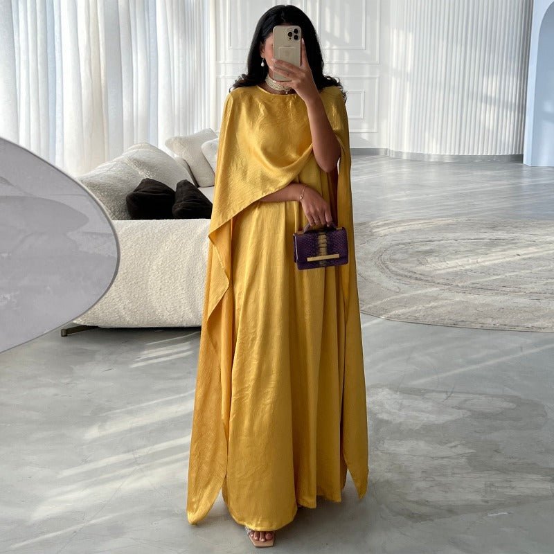 Robe Abaya en Satin Élégante Bleu Royal | Robe Maxi Pudique à Manches Cape avec Drapé Luxueux (MA289)