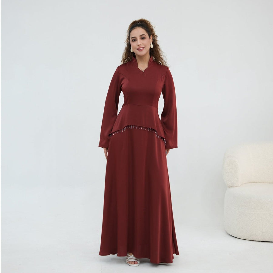 Robe Maxi Corset avec Taille Perlée et Manches Évasées (MS476)