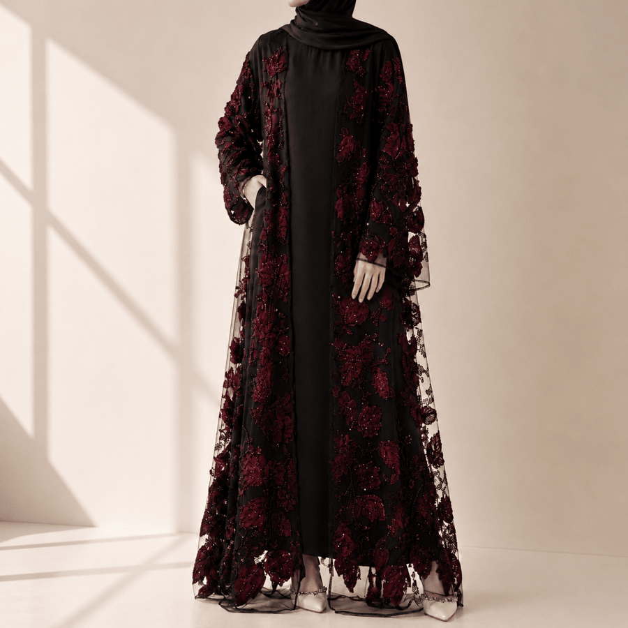 Abaya ouverte de luxe avec fleurs brodées en 3D (UKMOA300)