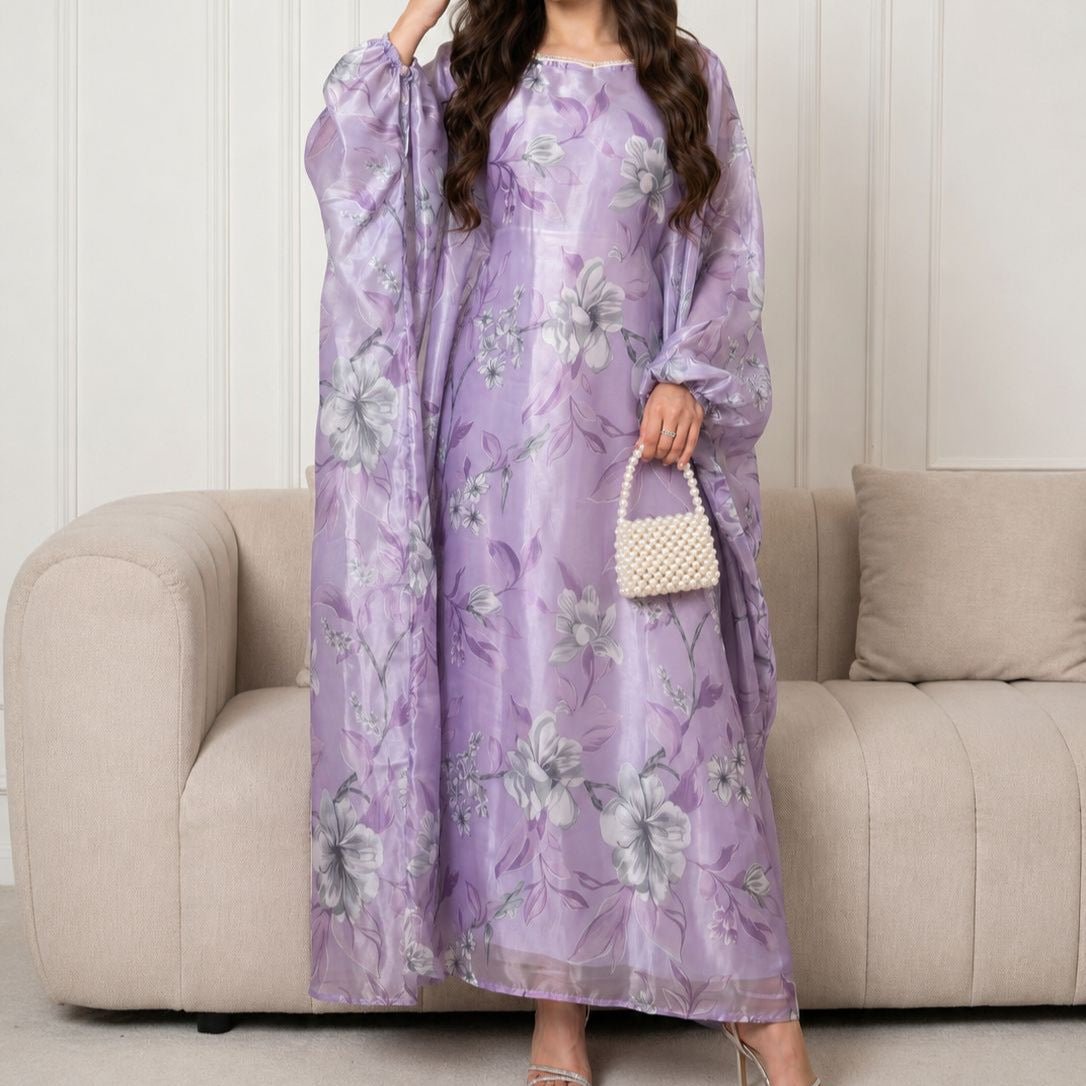Robe Maxi Effet Organza Imprimé Floral avec Encolure Carrée Perlée (MA457)