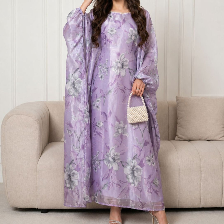 Robe Maxi Effet Organza Imprimé Floral avec Encolure Carrée Perlée (MA457)