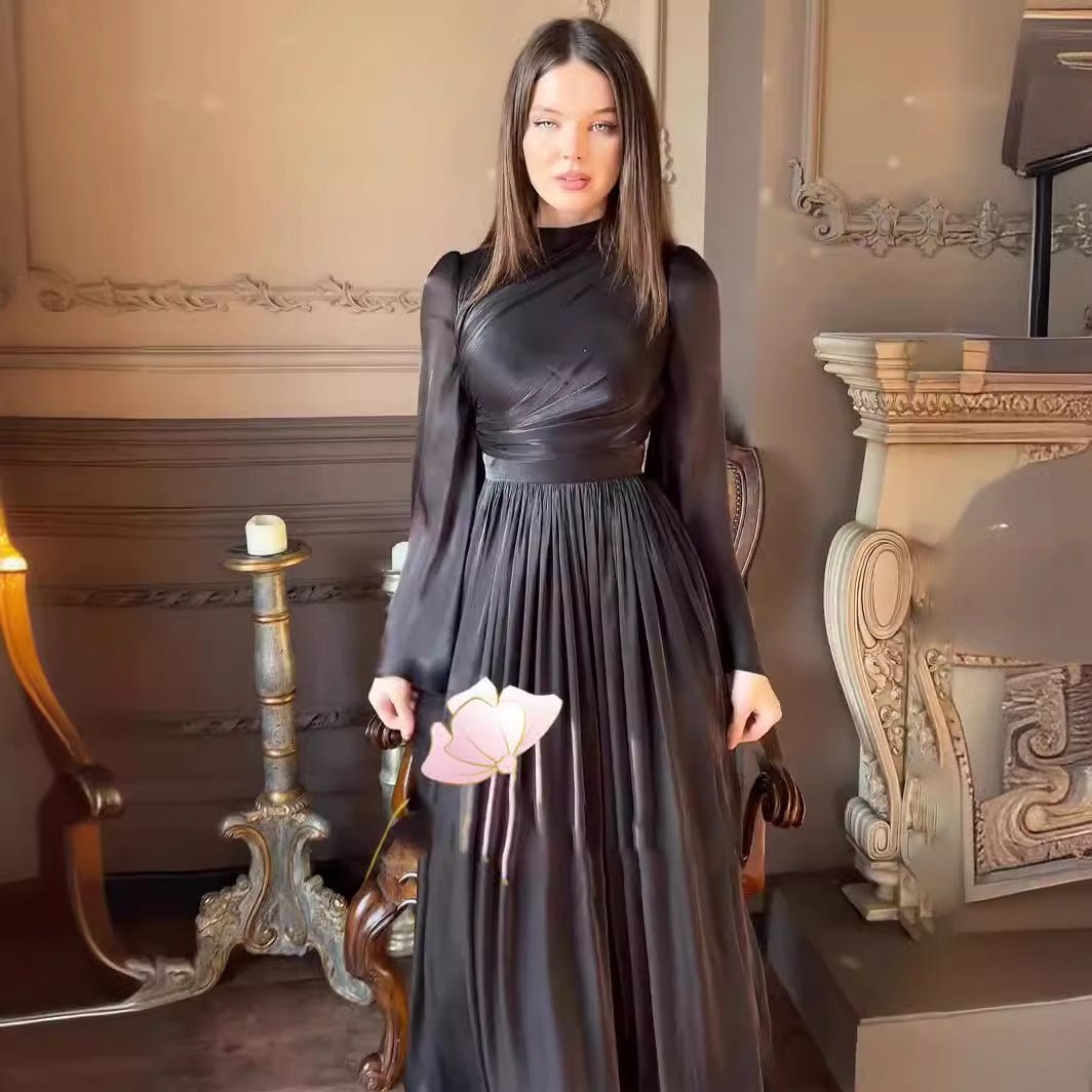 Robe Abaya élégante à col cheminée, taille plissée et manches évasées, tenue idéale pour invitée de mariage (MA199)