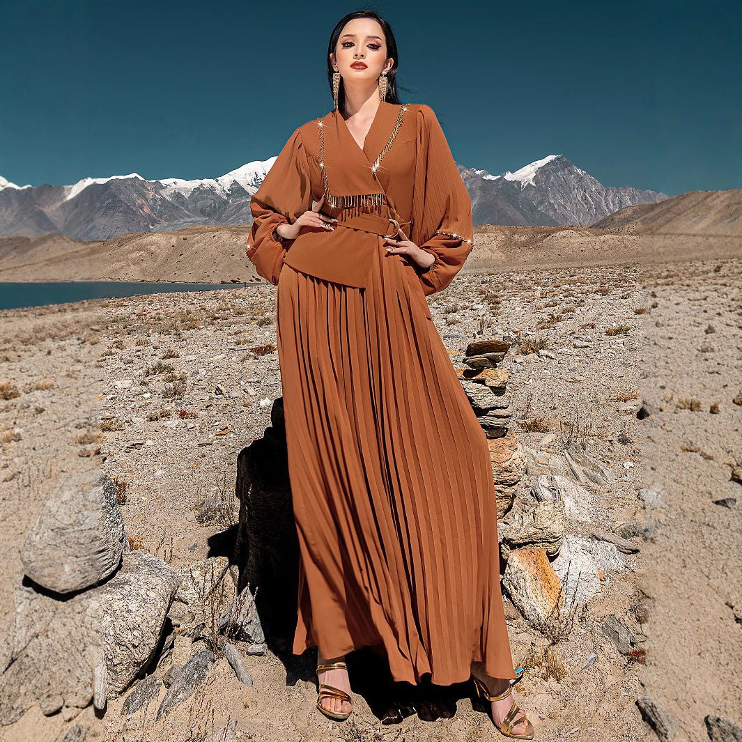 Robe Maxi Plissée à Col en V Perlée à la Main | Robe à Cristaux avec Manches Bouffantes (MS212)
