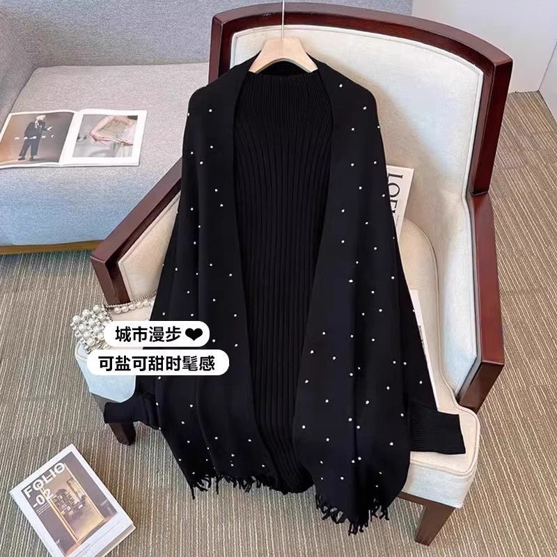 Cardigan Cape Orné de Diamants | Pull Châle en Maille avec Bordure à Franges (MS211)