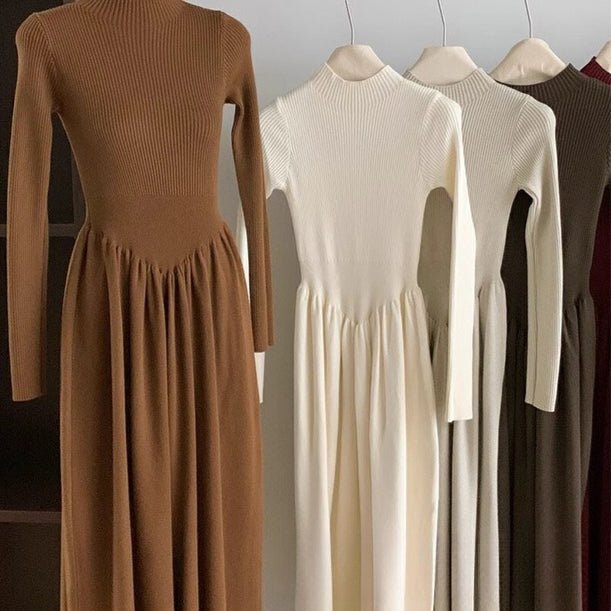 Robe Maxi en Tricot Côtelé Élégante | Robe Pull Col Montant Coupe Trapèze (MS173)