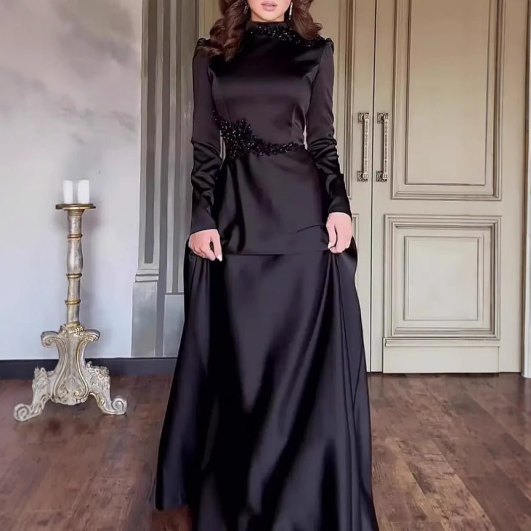 Robe de Soirée en Satin Perlé | Robe Longue à Col Montant et Manches Longues (MA348)