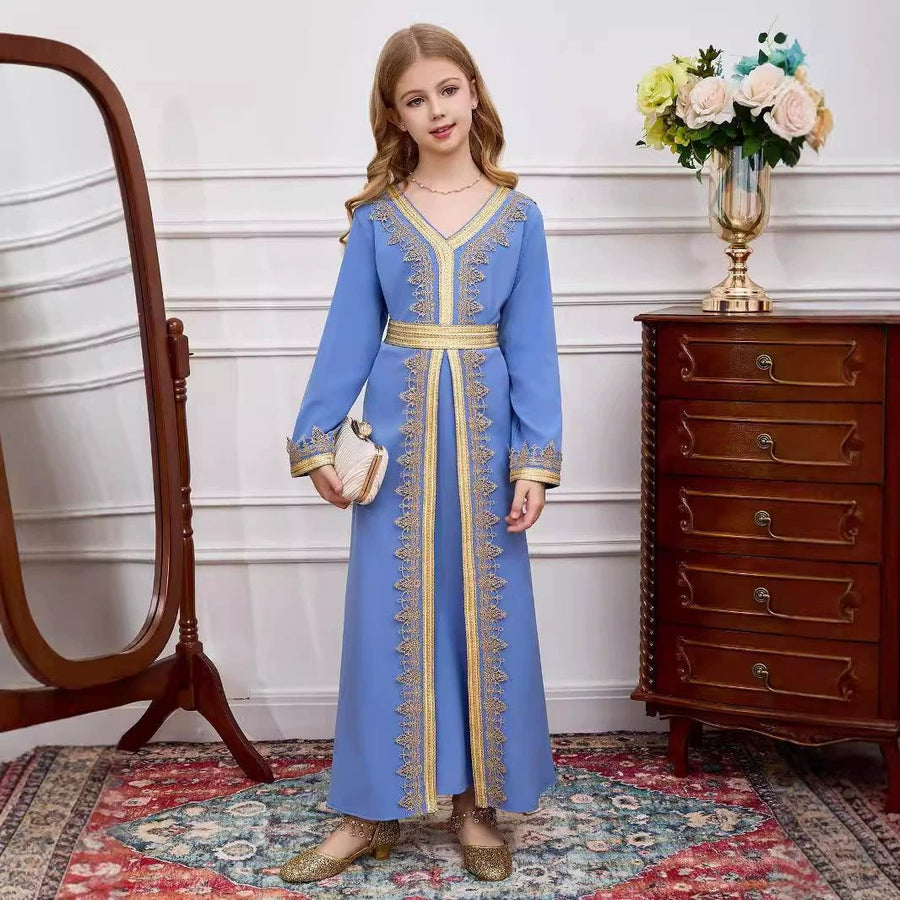 Abaya fille col en V avec dentelle patchwork(MKG010)