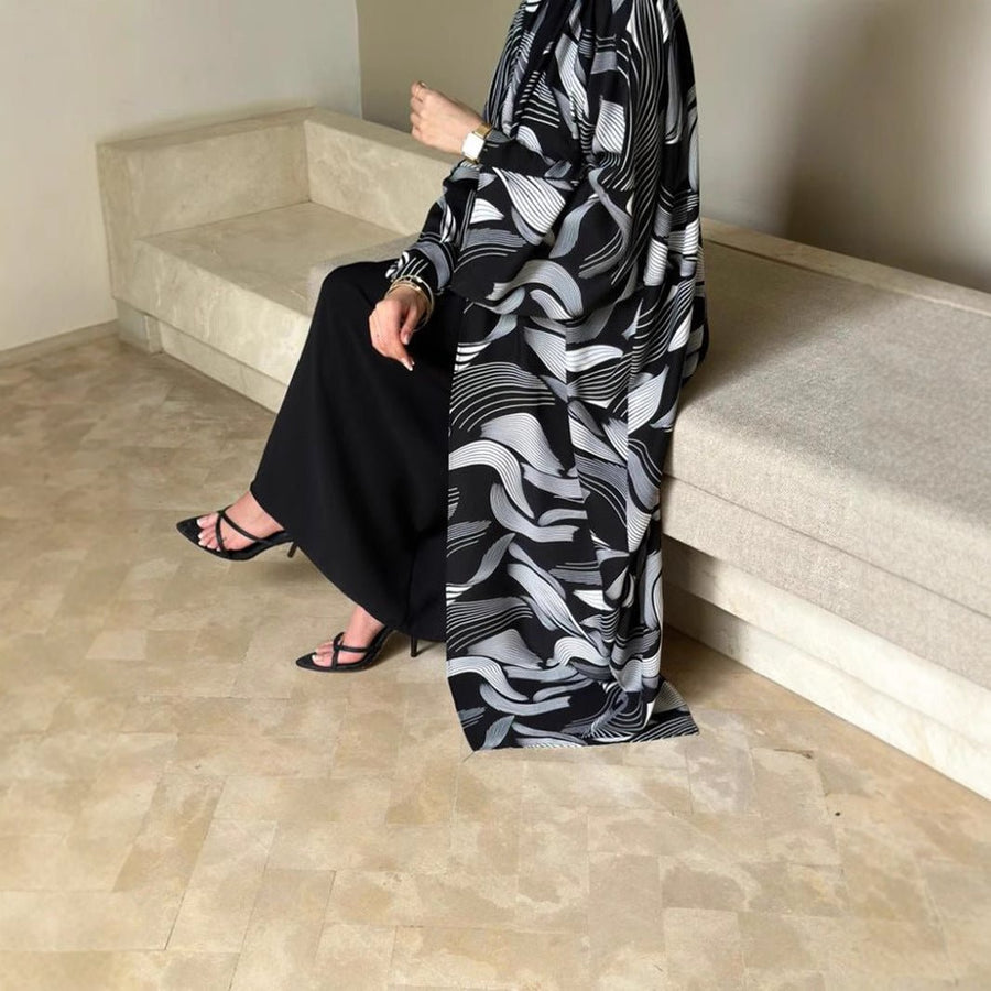 Kimono Abaya à imprimé vagues abstraites | Abaya cardigan oversize à ouverture frontale (MOA265)