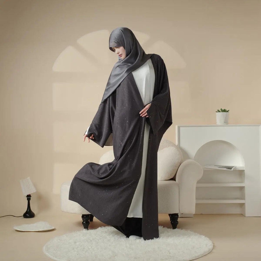Abaya ouverte en tissu ondulé scintillant à manches larges fendues (MOA027)