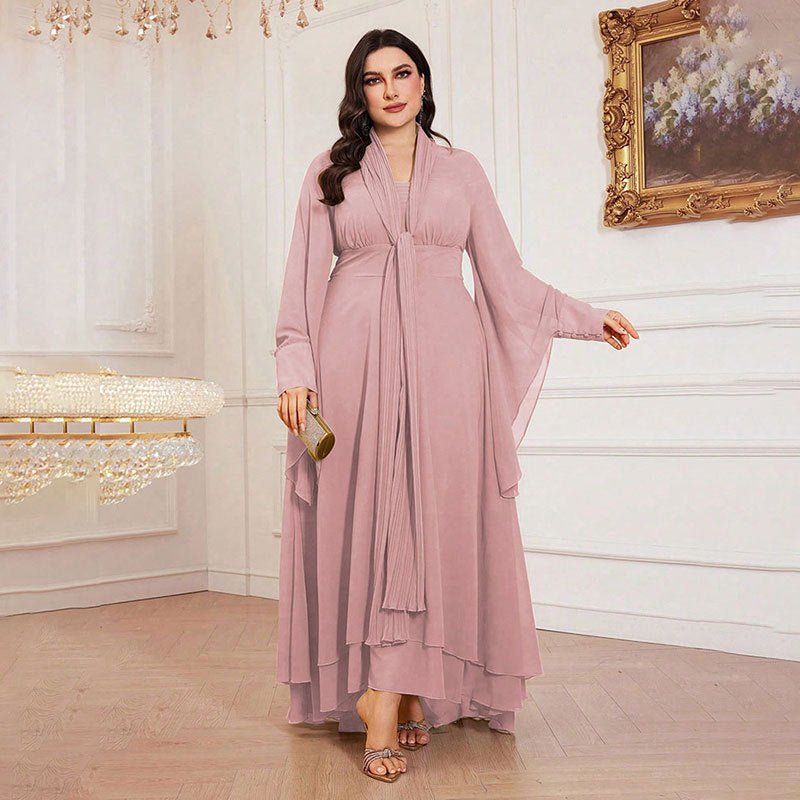 Robe Maxi Grande Taille Plissée avec Col Cravate (MS370)