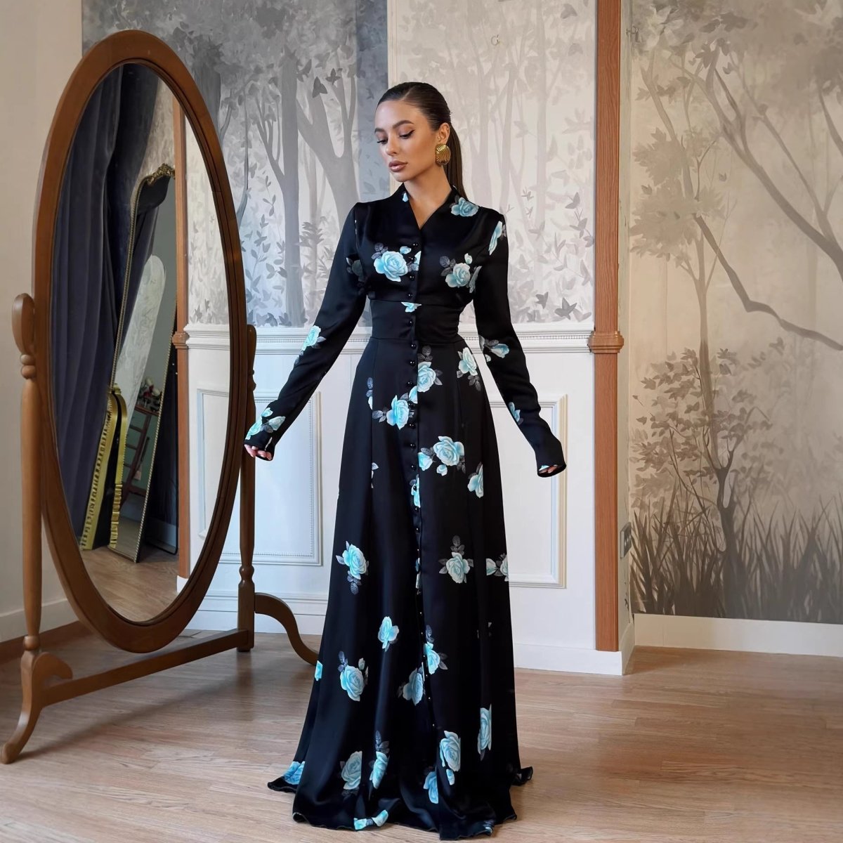 Robe longue fleurie boutonnée devant (MS489)