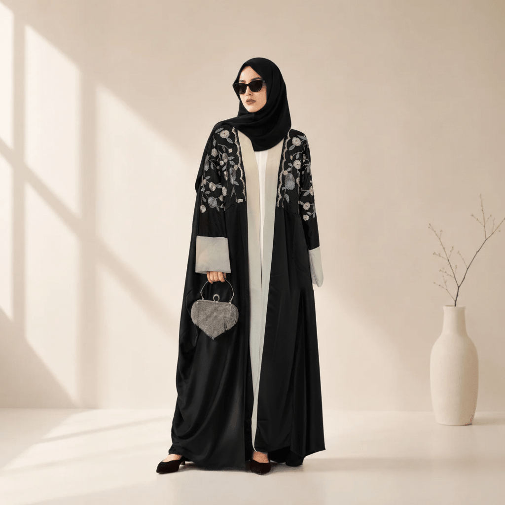 Pièce d'archive - Abaya ouverte en satin brodé floral - MP057 (Disponible uniquement en taille L)