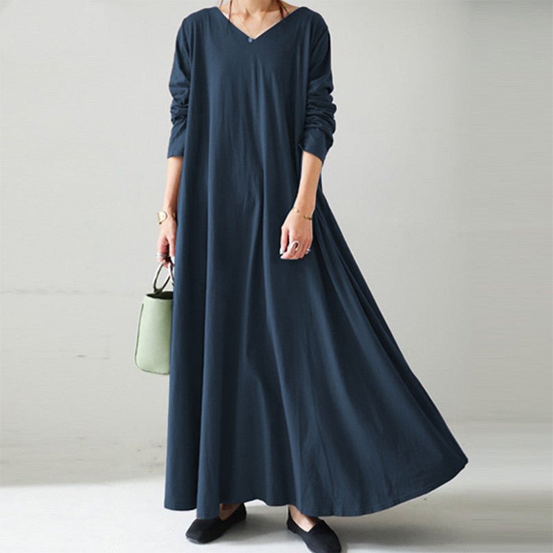 Robe Maxi Élégante à Col en V et Manches Longues | Robe Ample avec Poches Cachées(MA314)