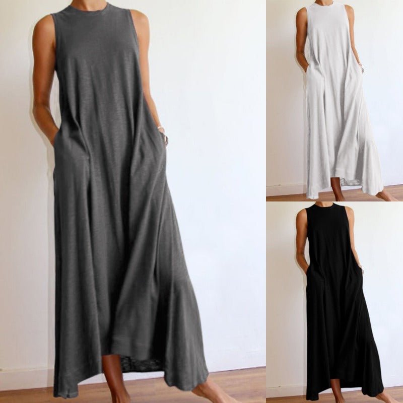 Robe Maxi en Soie sans Manches avec Poches | Robe Maxi en Soie Coupe A-Line sans Manches (MS189)