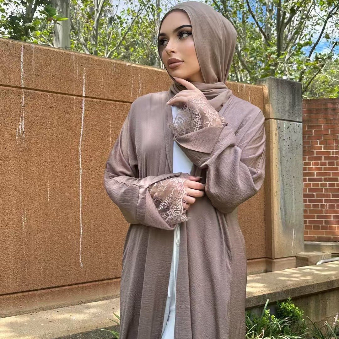 Abaya Ouverte Froissée avec Poignet en Dentelle (MOA328)