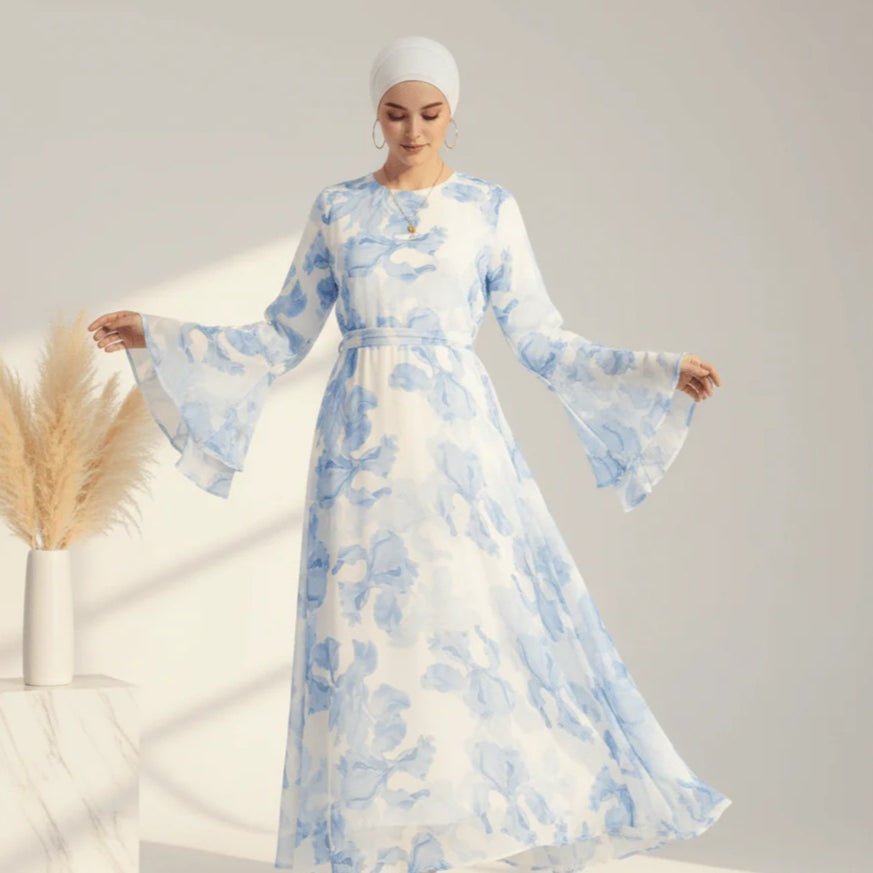 Abaya en mousseline imprimée Blossom | Abaya à manches évasées (MA149)