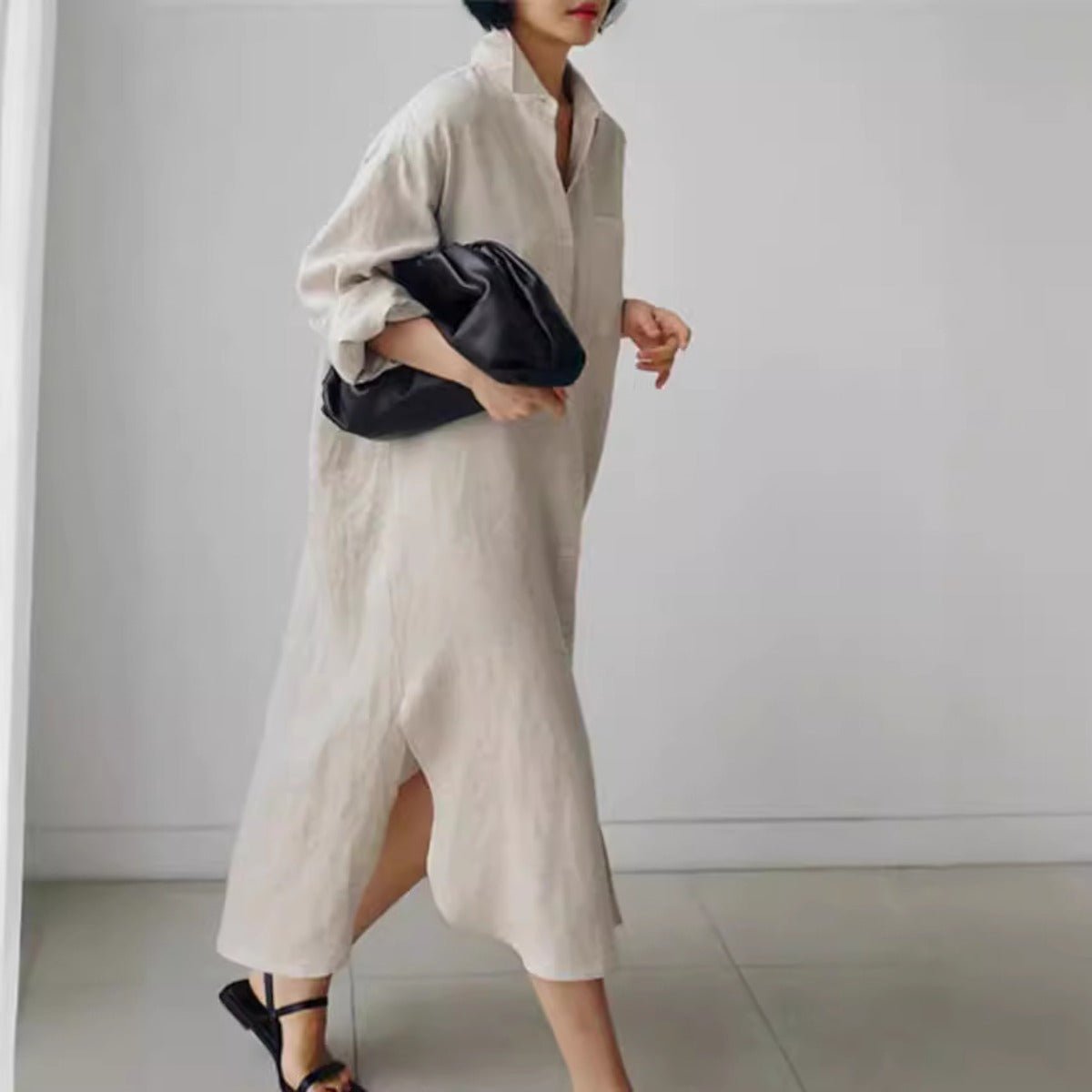 Robe-chemise décontractée et élégante en lin mélangé pour musulmanes | Maxi robe modeste boutonnée devant avec fentes latérales (MS096)