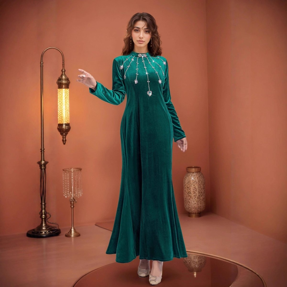Robe Sirène en Velours Perlé | Robe Fishtail Ornée à la Main (MA375)
