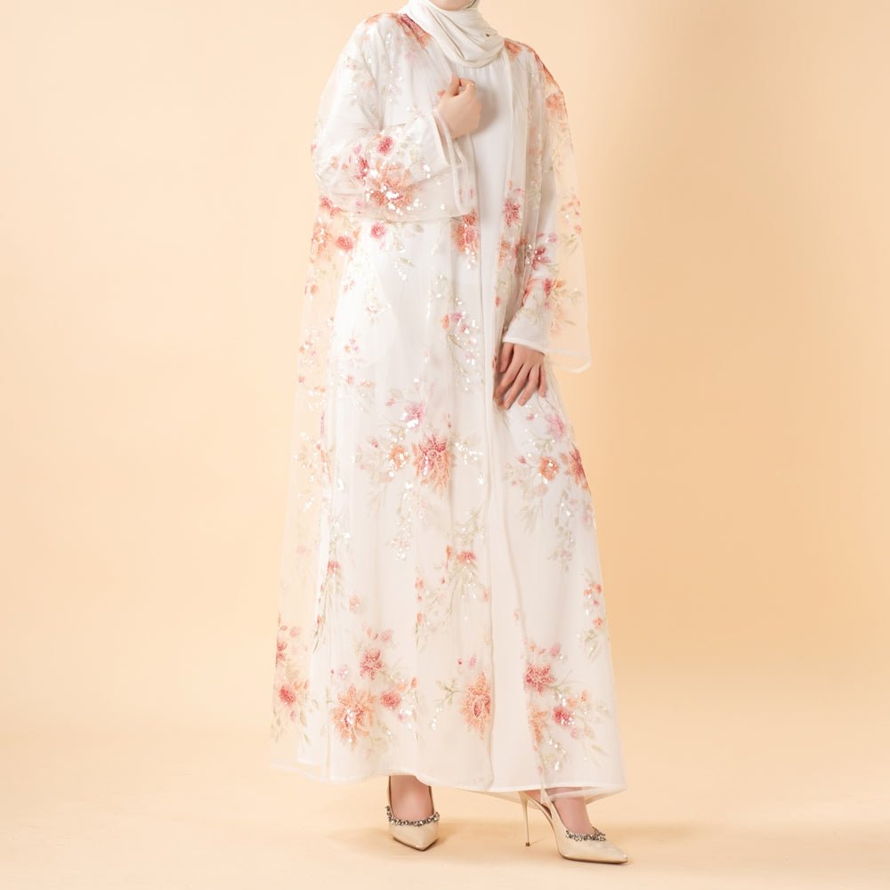 Abaya ouverte de luxe brodée de sequins floraux 3D pour mariages et l'Aïd (MOA306)