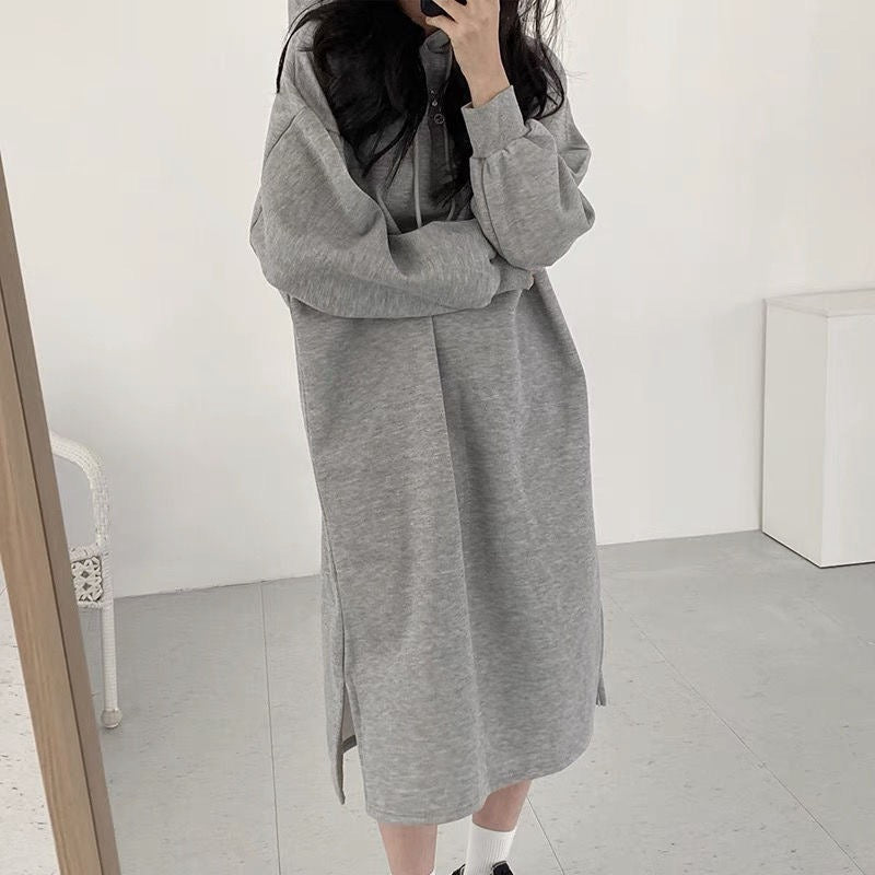 Robe Maxi Pull à Capuche Confort | Robe Mi-Longue Doublée en Polaire avec Fentes Latérales (MS137)