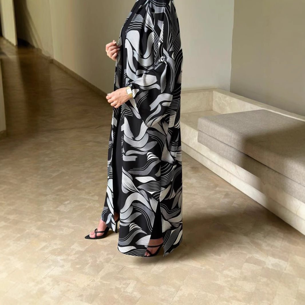 Kimono Abaya à imprimé vagues abstraites | Abaya cardigan oversize à ouverture frontale (MOA265)