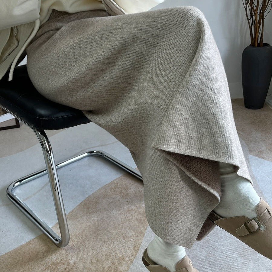 Jupe midi polaire hiver | Jupe en maille chaude taille haute avec fente latérale (MS207)
