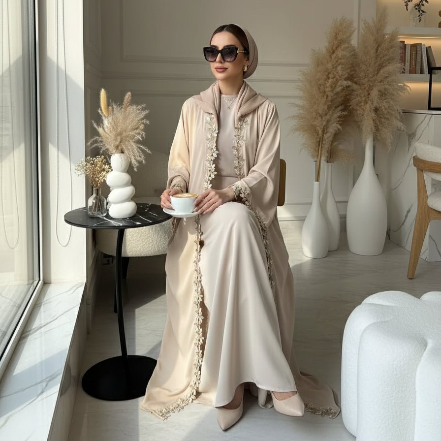 Abaya Leaf Lace Trim | Robe Maxi Ouverte Brodée et Élégante (MOA255)