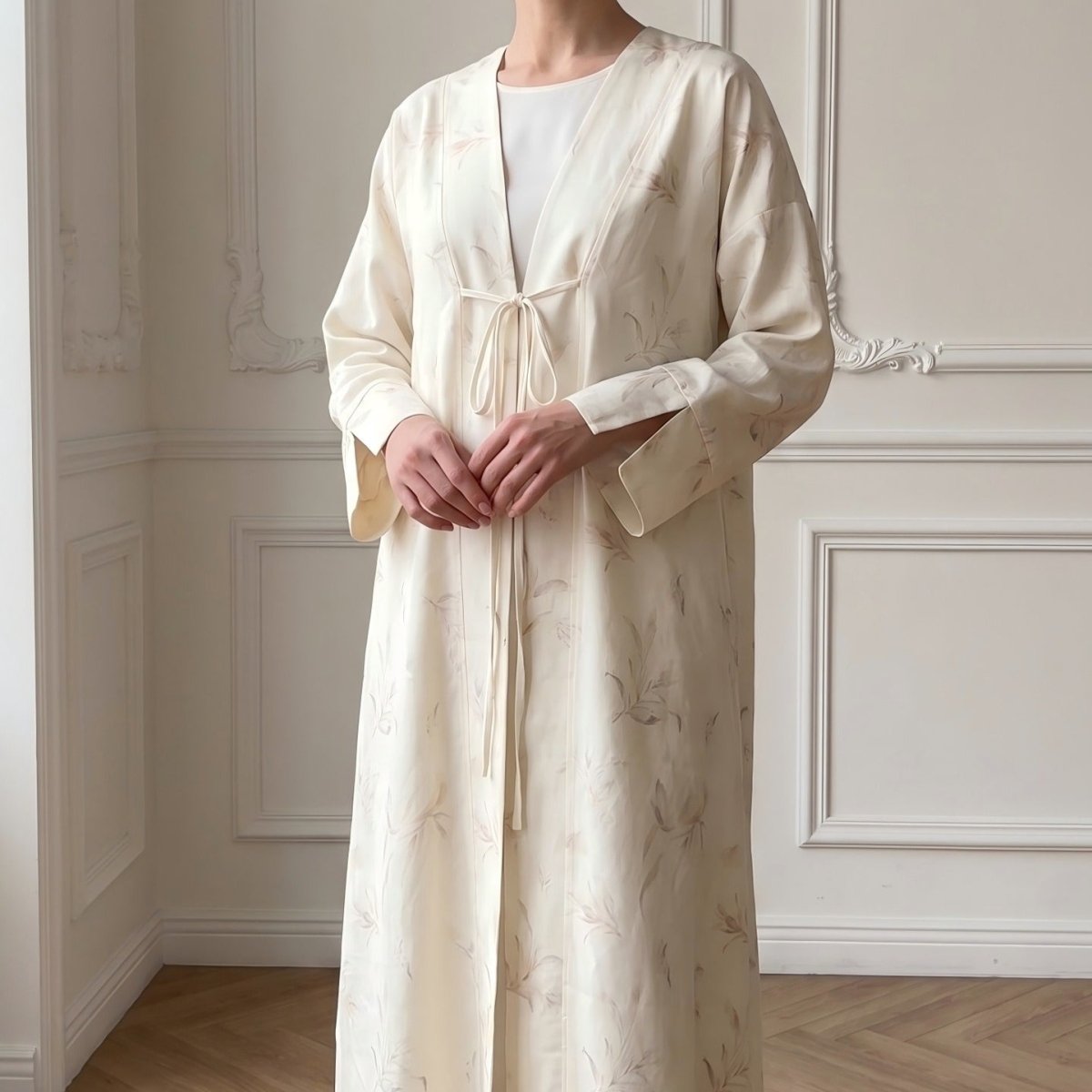 Abaya ouverte en satin à imprimé floral et oiseaux (MOA322)