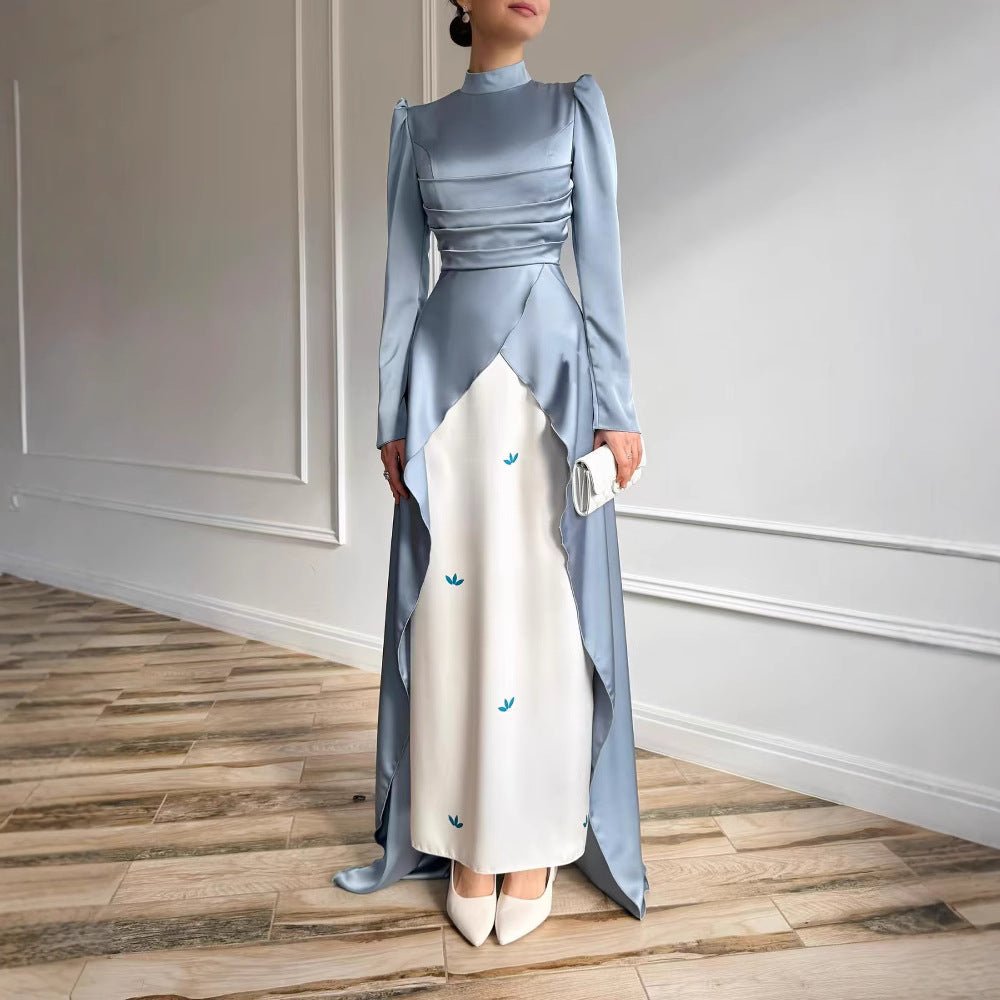 Robe de soirée en satin colorblock avec traîne (MA351)