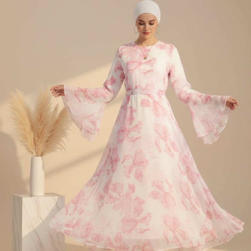 Abaya en mousseline imprimée Blossom | Abaya à manches évasées (MA149)