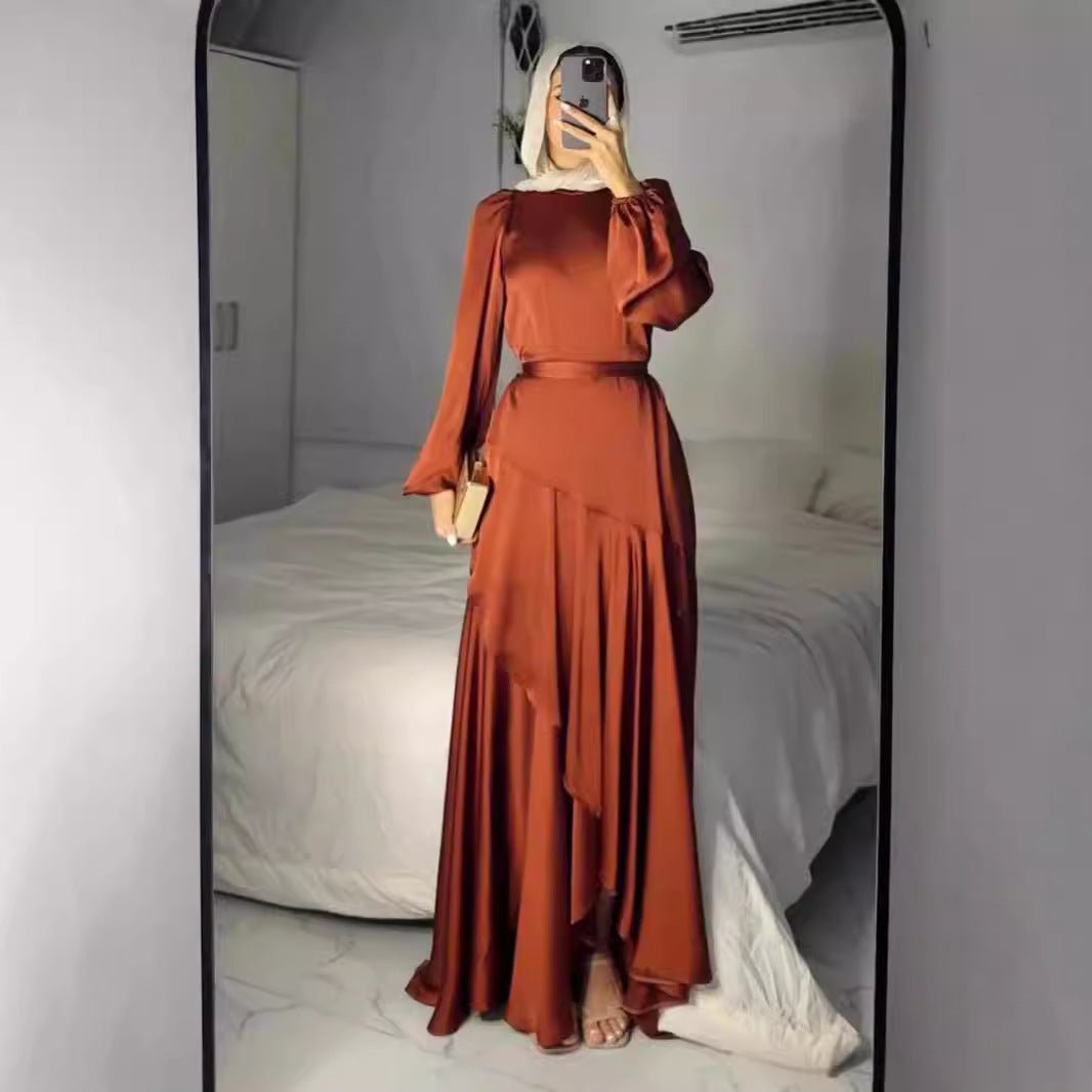 Robe Maxi en Satin Luxe à Ourlet Volanté | Abaya à Manches Élastiquées avec Ceinture (MS187)