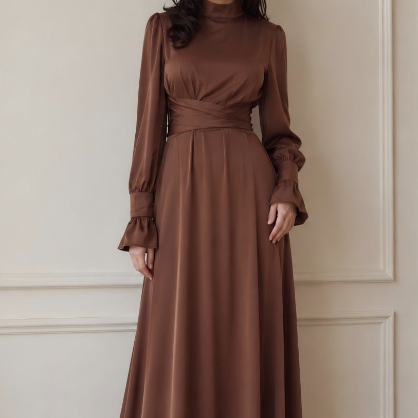 Robe Maxi à Taille Croisée en Satin (MS506)
