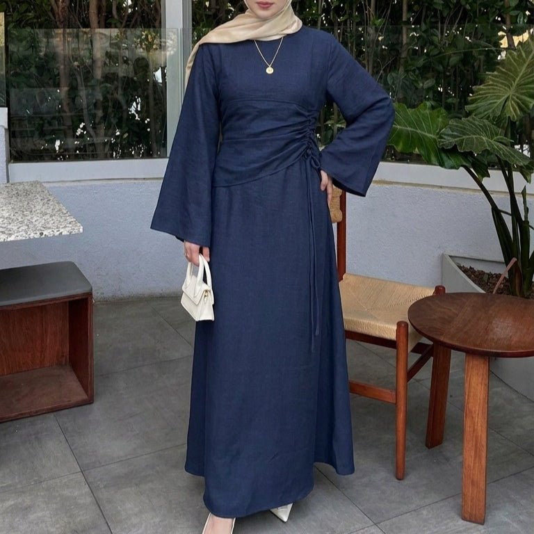 Robe Maxi à Taille Coulissante Froncée et Manches Évasées(MS492)