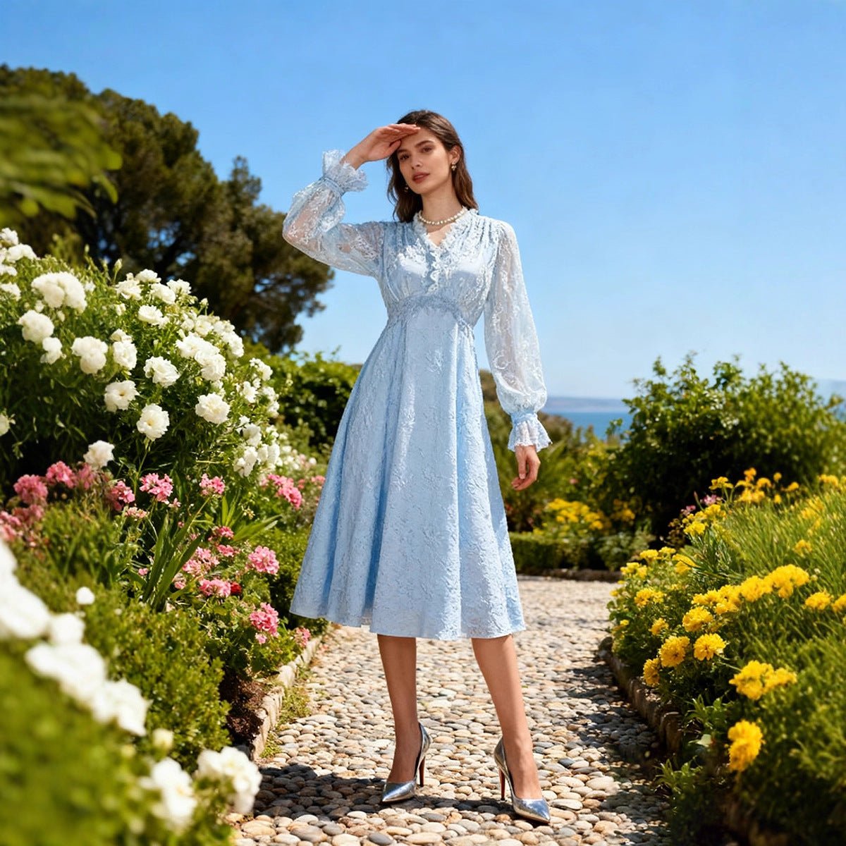 Robe Maxi Col en V en Dentelle Française (MS361)