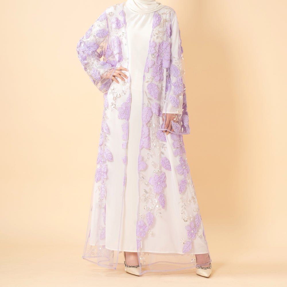 Abaya Mesh Brodée Perlée Floral 3D de Luxe à Ouverture – Abaya d'Occasion Lavande (MOA304)