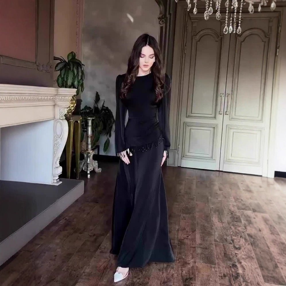 Robe Maxi à Manchettes Franges Perlées (MS480)