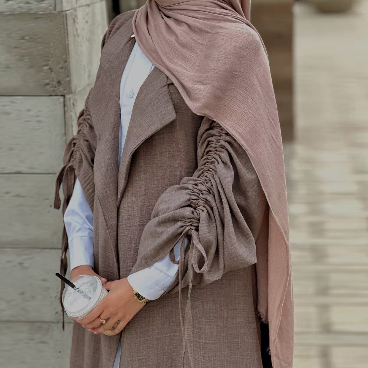 Blazer Cardigan ajusté à manches froncées | Veste ouverte en mélange de sergé (MOA246)